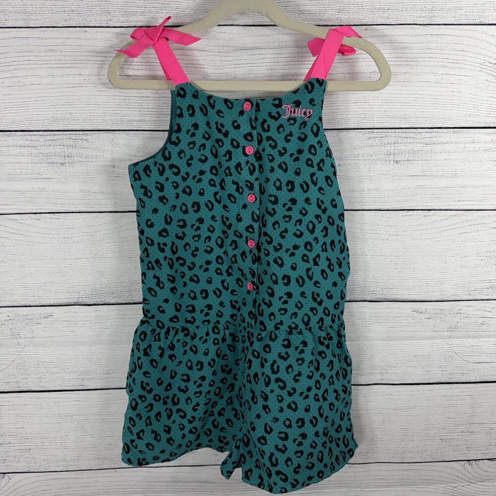 Juicy Couture Teal Green Leopard Romper with Pink Bows Size 6X